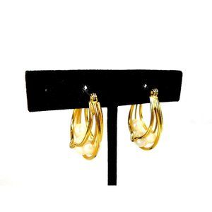 Faux Pearl Triple Wire Hoop Gold Tone Earrings Hinged Closure Pierced Ears